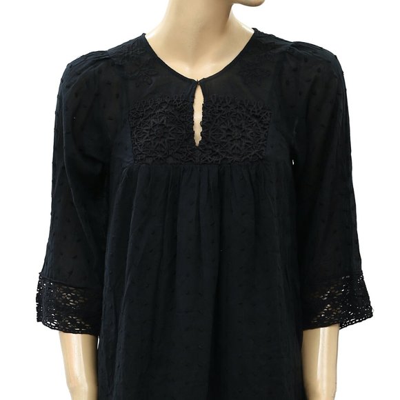 Anthropologie Devon Swing Embroidered Mini Dress Lace Cotton Black XS New - Picture 3 of 5